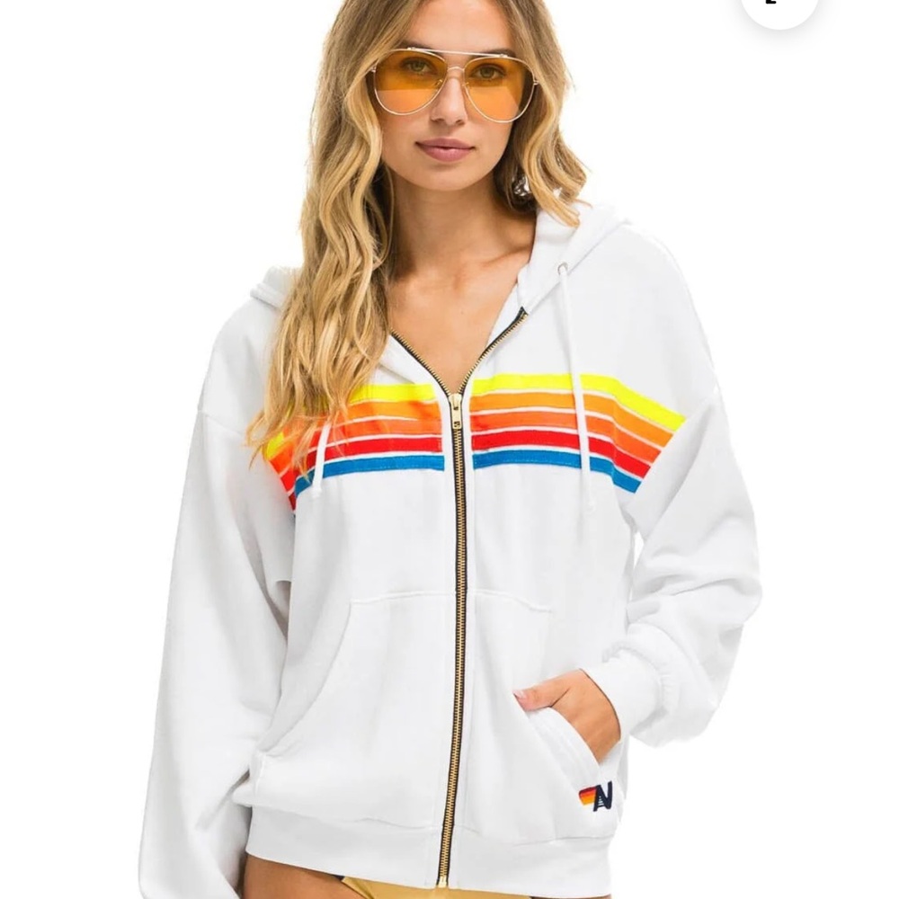 Aviator Nation White Hoodie with Rainbow Stripes